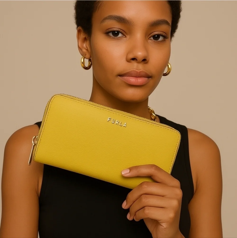 Authentic FURLA Round Zipper Long Wallet Wristie Neon Yellow Pebbled Leather